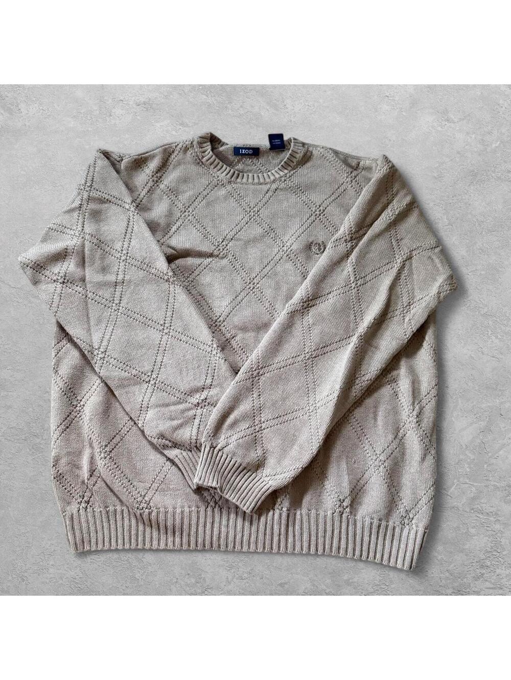Vintage IZOD Tan Diamond Lattice Knit Crewneck Sweater - Sz L